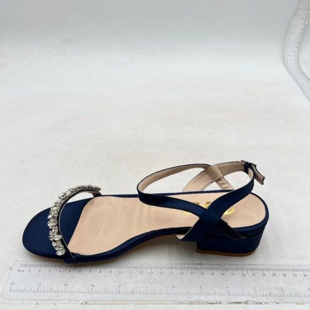 Crystal-Trim Navy Low Block Heel Sandals - Picture 2 of 7